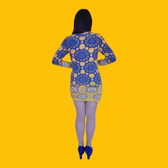 Aryeh Blue and Yellow Long Sleeve Mini Sweater Dress - Picture 3 of 5